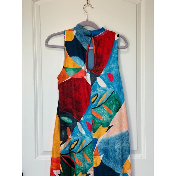 Nicole Miller Watercolor Abstract Satin High Neck Maxi Dress Size Small - Picture 3 of 8
